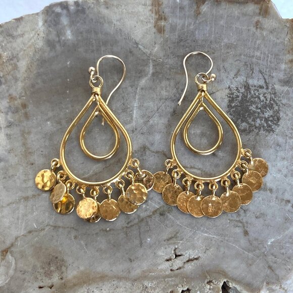 Gold Vermeil Sterling Silver 925 Teardrop Disc Tassel Dangle Drop Earrings - Picture 5 of 16